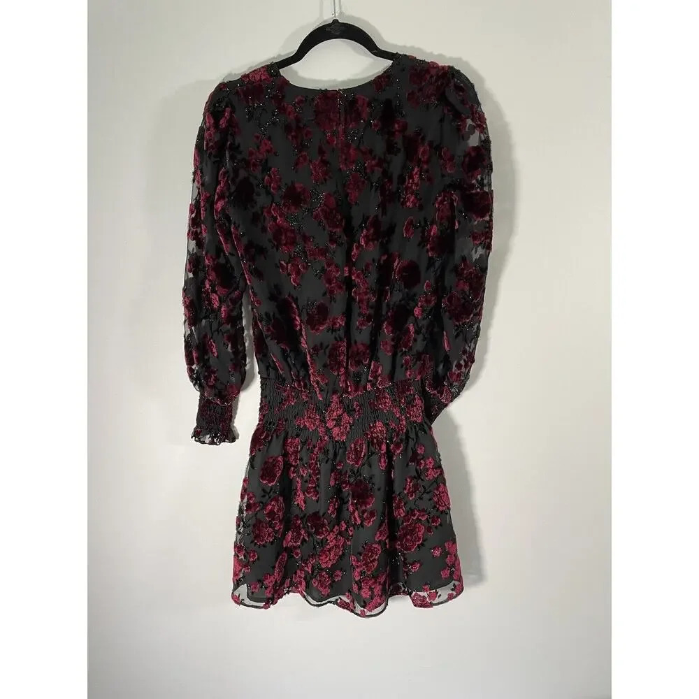 Parker Carmindy Floral Velvet Burnout Dress Black Red Women’s Size Small - Picture 3 of 8